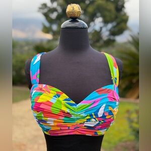 Bleu Rod Beattie Multicolor Ruched Bikini Top in Bright Blue, Pink, Green
